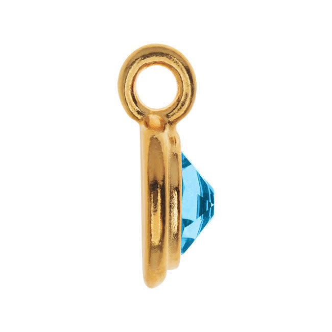 TierraCast Pewter Charm, Round Stepped with Austrian Crystal 16.5x11.5mm, 1 Piece, Gold Plated/Aquamarine