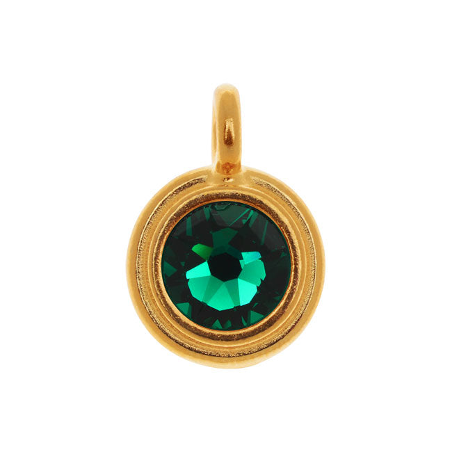 TierraCast Pewter Charm, Round Stepped with Austrian Crystal 16.5x11.5mm, 1 Piece, Gold Plated/Emerald