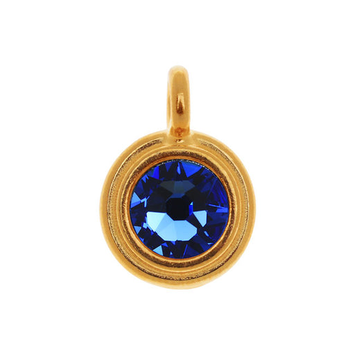 TierraCast Pewter Charm, Round Stepped with Austrian Crystal 16.5x11.5mm, 1 Piece, Gold Plated/Sapphire
