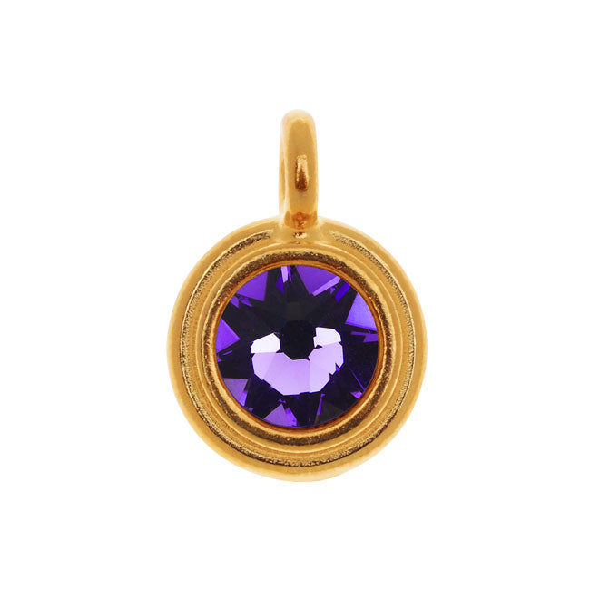 TierraCast Pewter Charm, Round Stepped with Austrian Crystal 16.5x11.5mm, 1 Piece, Gold Plated/Tanzanite