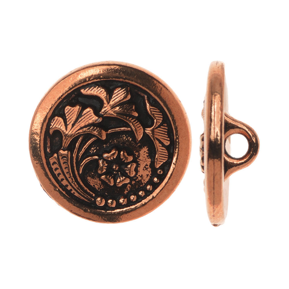 TierraCast Pewter, Circle Button with Flower Motif 17mm (1 Piece Antiqued Copper)
