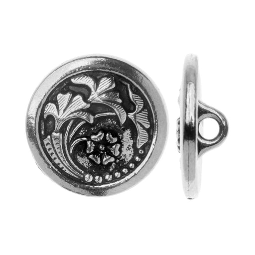 TierraCast Pewter, Circle Button with Flower Motif 17mm, Antiqued Silver (1 Piece)