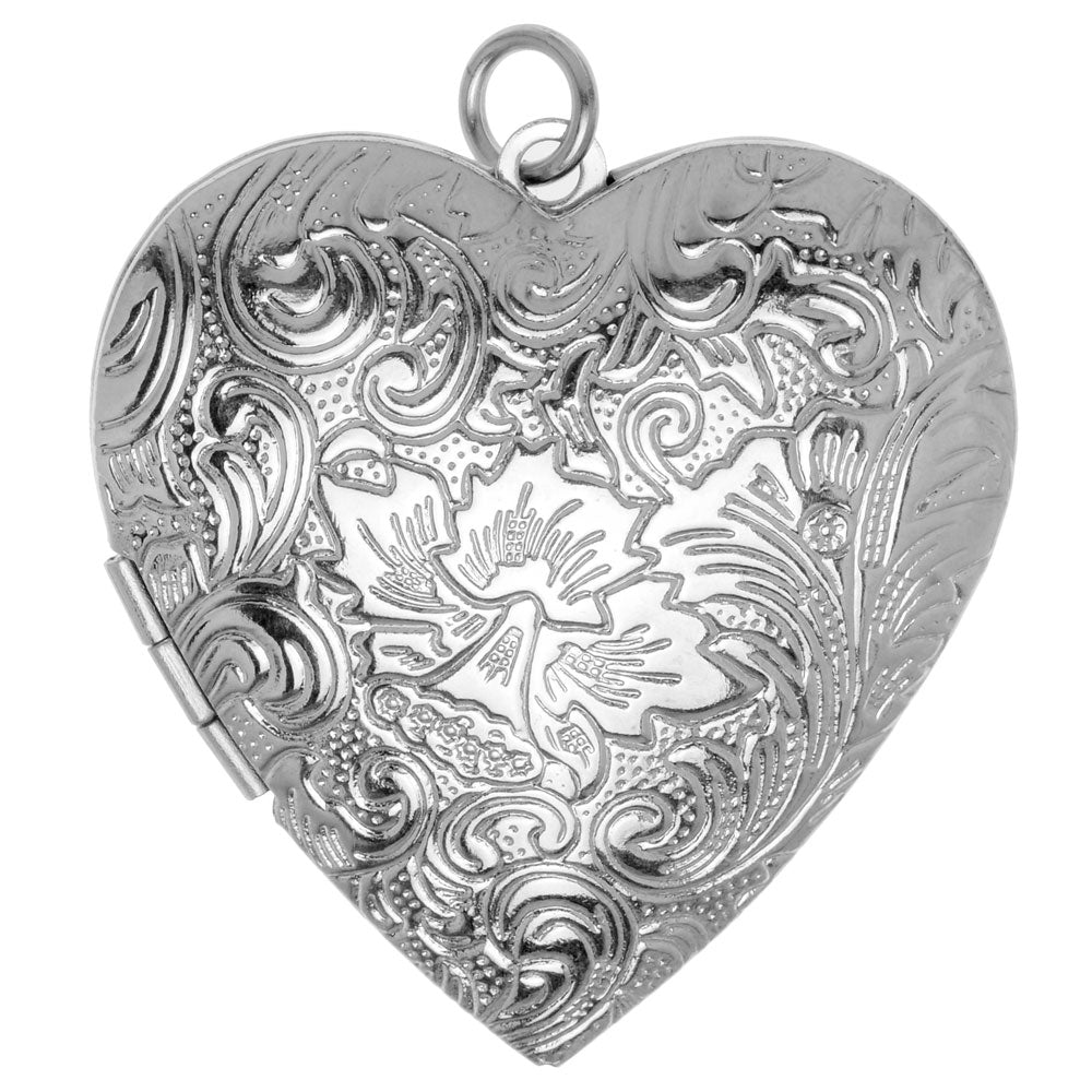 Locket Pendant, Puff Heart with Floral Design 42x40mm, Silver Tone (1 Piece)