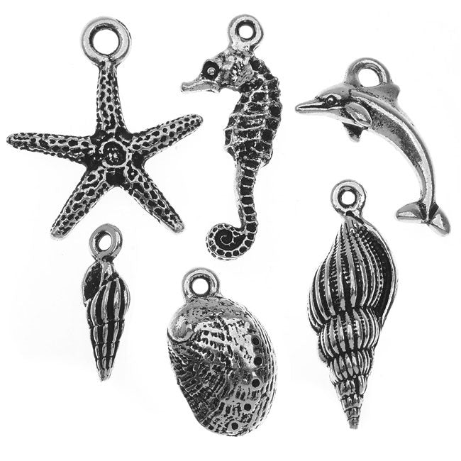 TierraCast Pewter Charm Assorted Variety Pack, Sea Life Mix, Silver Plated (6 Pieces)