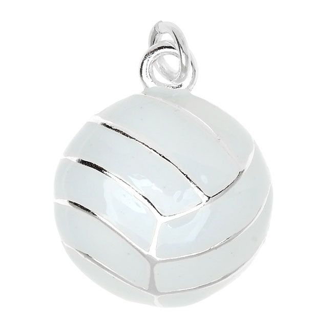 Silver Plated and Enameled Charm, Volleyball 17.3x14x5mm, White (1 Piece)