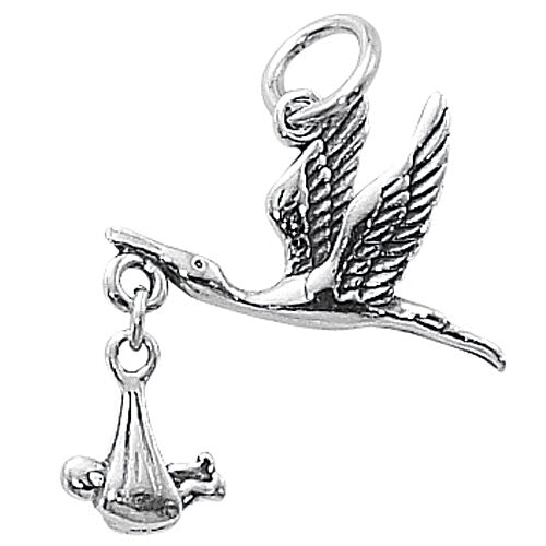 Sterling Silver Movable Charm Little Baby Carried By Flying Stork 24mm