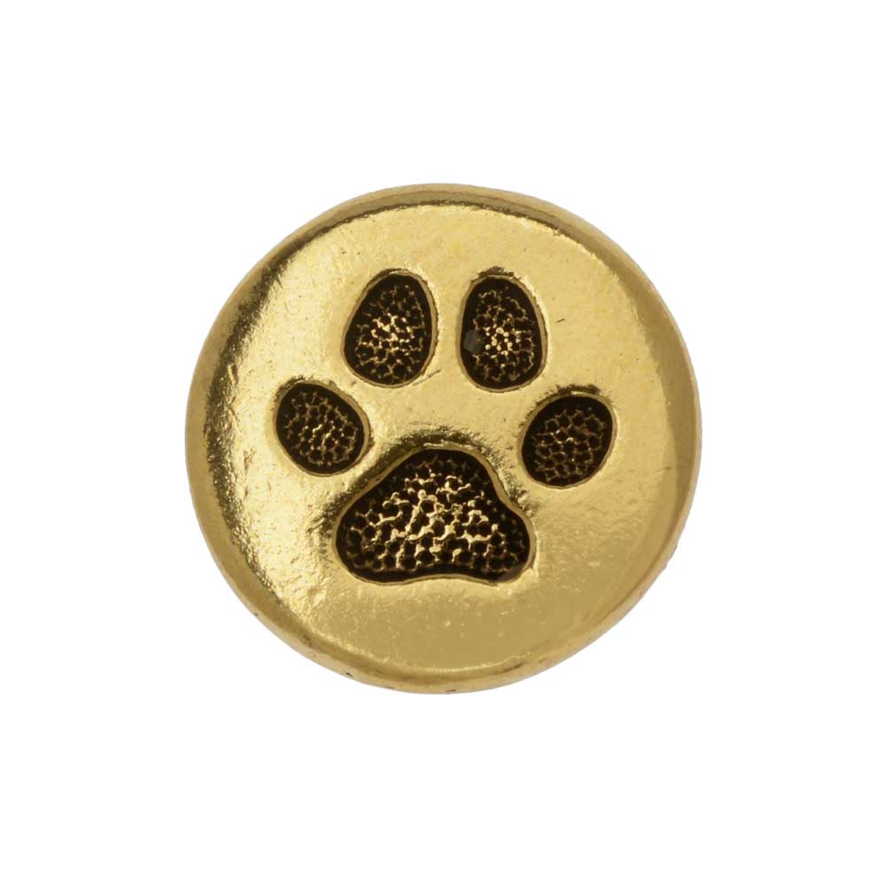 Pewter Button, Round Paw Print 12mm, Antiqued Gold Plated, By TierraCast (1 Piece)