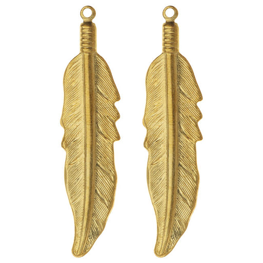 Vintaj Vogue Pendants, Native Feather 45x10.5mm, Raw Brass (2 Pieces)