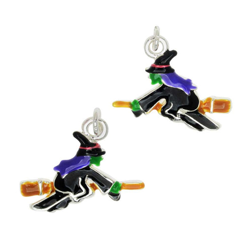 Jewelry Charm, Witch on a Broomstick, 14mm, Left & Right Pair, Silver Plated / Enamel