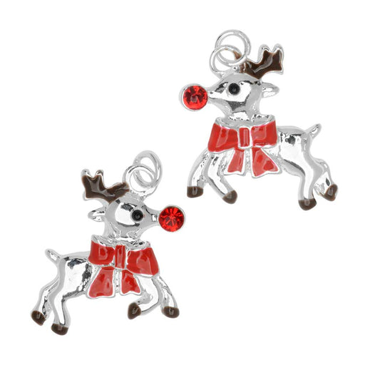Jewelry Charm, Reindeer with Crystal, 18mm, Left & Right Pair, Silver Plated / Enamel