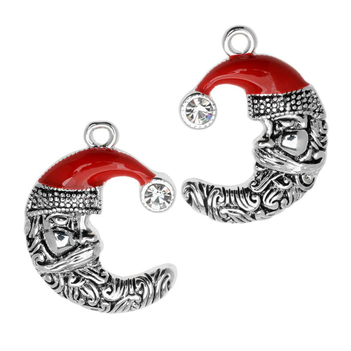Jewelry Charm, Crescent Moon with Santa Face, Crystal, 24.5mm, Left & Right Pair, Silver Plated