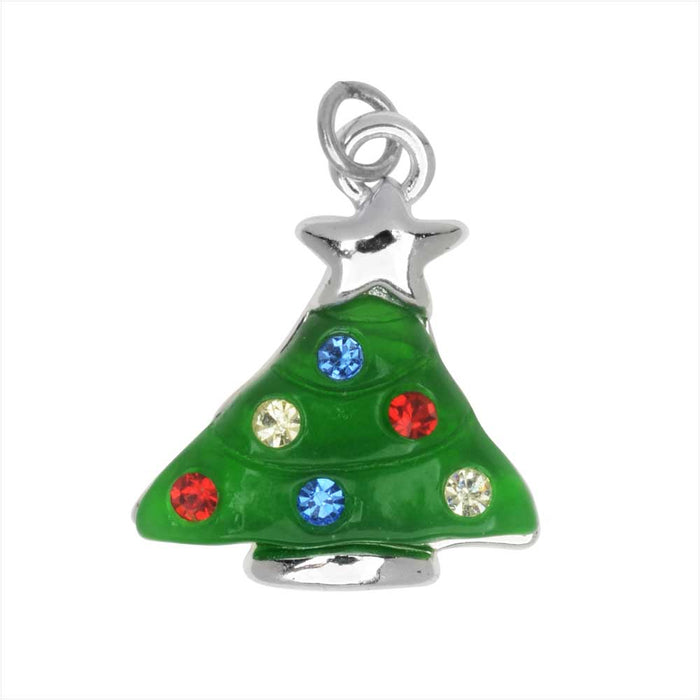 Jewelry Charm, Christmas Tree with Crystals, 18mm, Silver Plated / Resin (1 Piece)