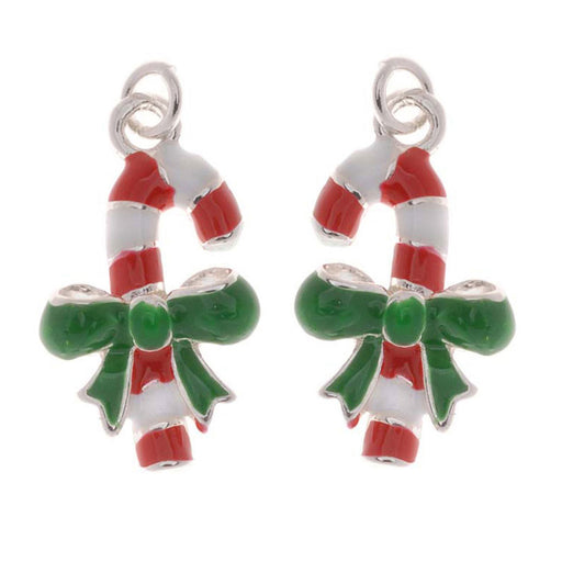 Jewelry Charm, Striped Christmas Candy Cane, 20mm, Left & Right Pair, Silver Plated with Enamel
