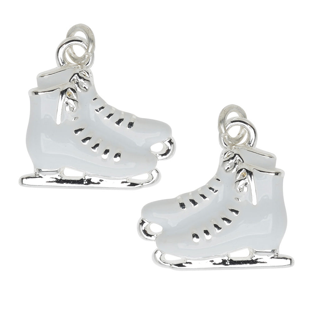 Jewelry Charm, White Ice Skates, 16mm, Left & Right Pair, Silver Plated with Enamel