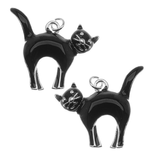 Jewelry Charm, Halloween Black Cat, 21mm, Left & Right Pair, Silver Plated with Enamel
