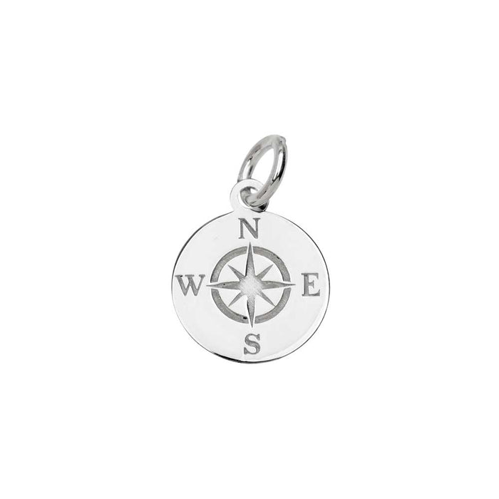 Sterling Silver Charm, Round Compass with Jump Ring 13.5x11mm (1 Piece)