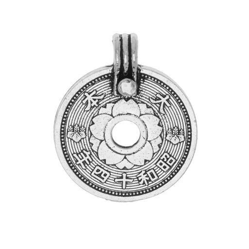 TierraCast Pewter Pendant, East Asian Coin 25.5x21mm, 1 Piece, Antiqued Silver Plated