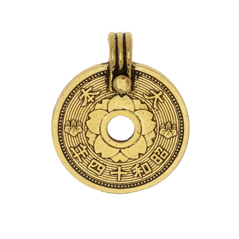 TierraCast Pewter Pendant, East Asian Coin 25.5x21mm, 1 Piece, 22K Gold Plated