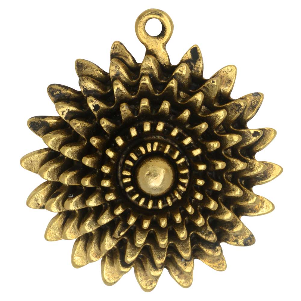 Metal Pendant, Large Daisy Flower 35x39mm, Antiqued Gold, by Nunn Design (1 Piece)