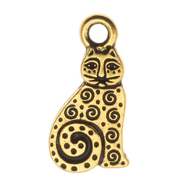 Pewter Charm, Art Spiral Cat 19mm, Antiqued Gold, By TierraCast (1 Piece)