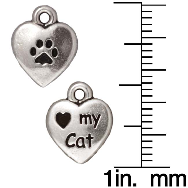 Pewter Charm, 2-Sided Heart My Cat / Paw Print, Antiqued Silver, By TierraCast (1 Piece)