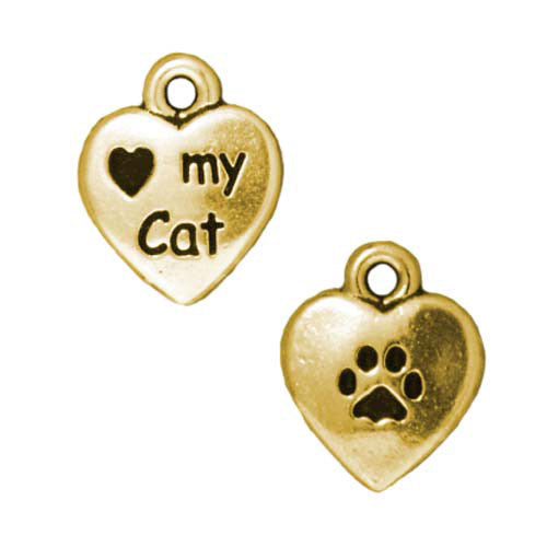 Pewter Charm, 2-Sided Heart My Cat / Paw Print 12mm, Antiqued Gold, By TierraCast (1 Piece)