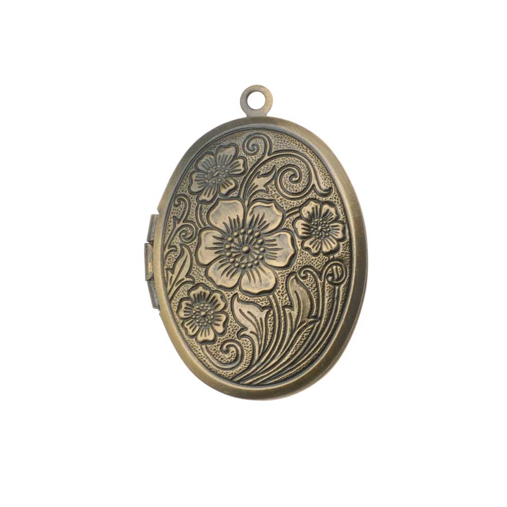 Antiqued Brass Oval Locket Pendant With Floral Paisley Design 30x24mm (1 pcs)