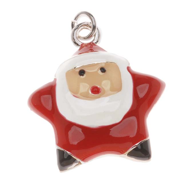 Silver Plated With Enamel Christmas Star Shaped Santa Claus Charm 20mm (1 Piece)