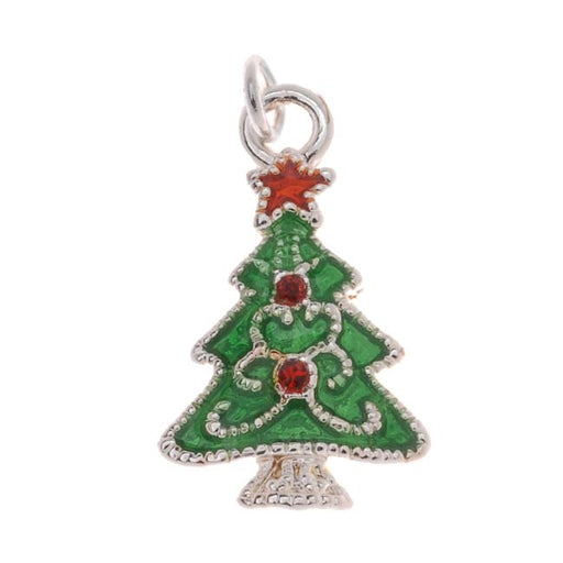 Silver Plated Enamel Charm Christmas Tree Adorned With Crystals 19mm (1 Piece)