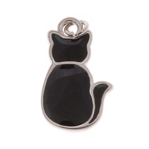 Silver Tone Charm With Black Enamel - Sitting Kitty Cat 19mm (1 Piece)