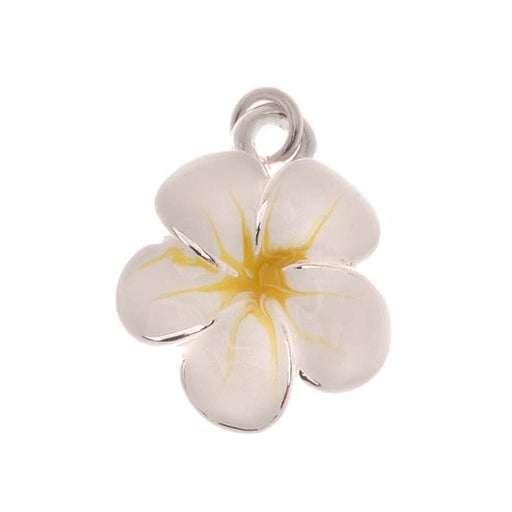 Silver Plated Tropical White And Yellow Enamel Plumeria Flower Charm 16mm (1 pcs)