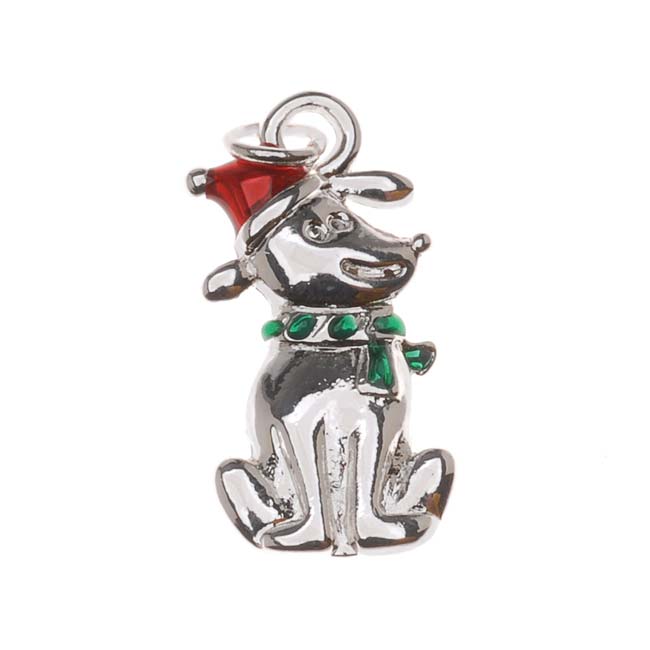 Silver Plated Enamel Charm Christmas Puppy Dog With Santa Hat 19mm (1 Piece)