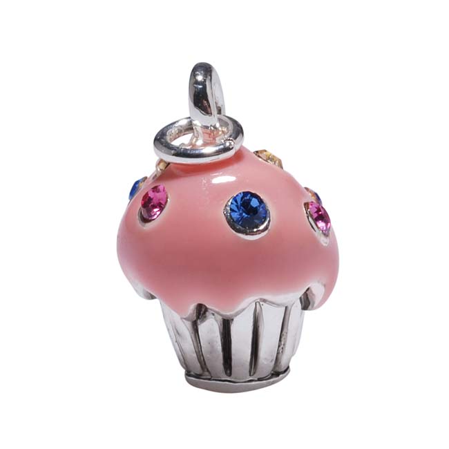 Silver Plated Pink Cupcake Charm Adorned With Crystal Sprinkles 15mm (1 Piece)