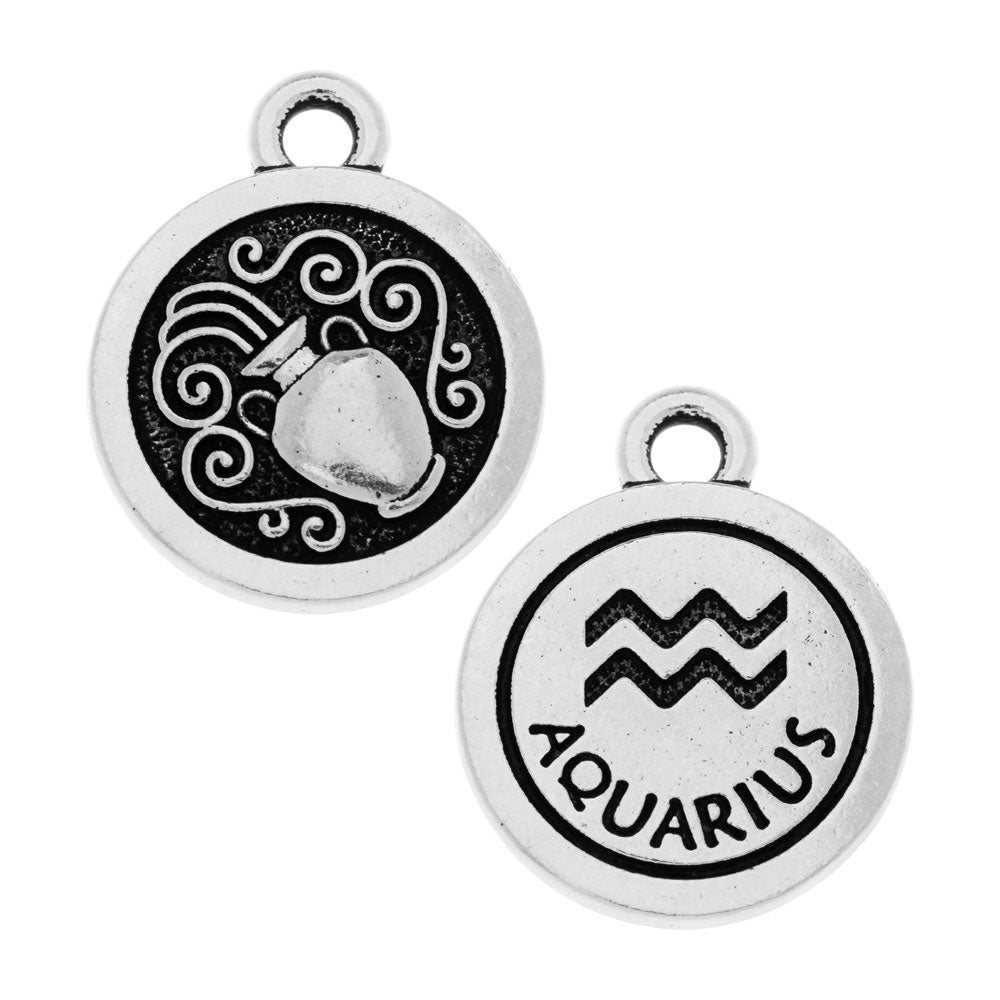 TierraCast Double Sided Pewter Zodiac Charms-Silver Aquarius (2 Pieces)