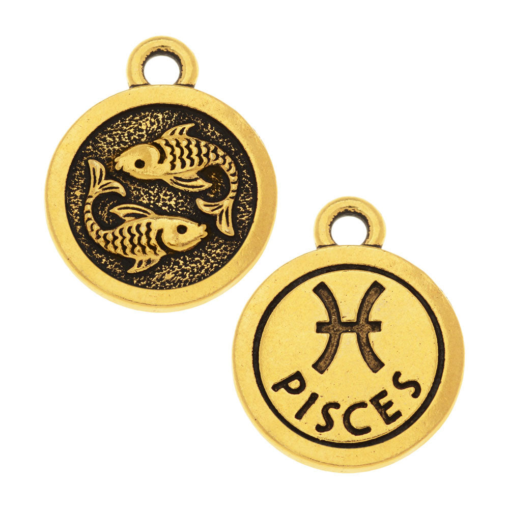 TierraCast Zodiac Charm Collection, Pisces Symbol 19x15.25mm, 1 Piece, Antiqued Gold Plated