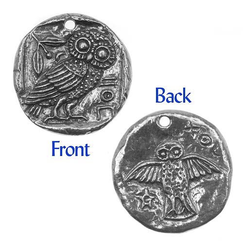 Green Girl Studios Pendant, Coin with Owl 26mm, 1 Piece, Pewter
