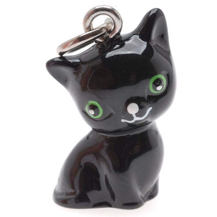 Hand Painted 3-D Seated Black Cat With Green Eyes Jewelry Charm 20mm (1 Piece)