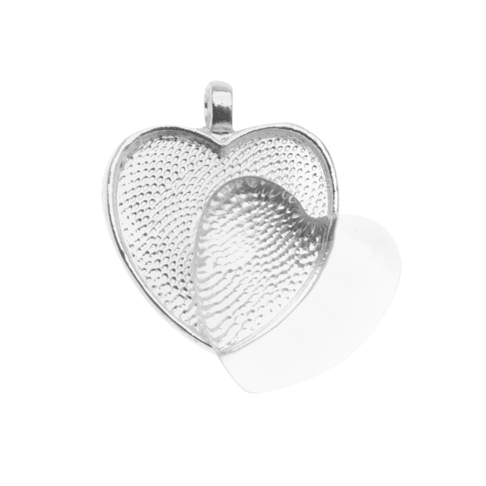 Bezel Pendant & Glass Cabochon, Heart 25mm, Silver Plated (1 Set)