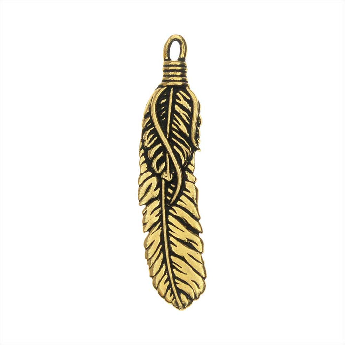 TierraCast Pewter Pendant, Southwestern Feather 48mm, 1 Piece, Antiqued Gold Plated