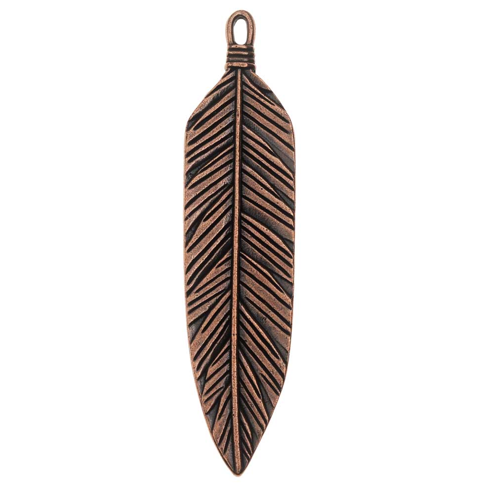 TierraCast Pewter Pendant, Native Feather 72mm, 1 Piece, Antiqued Copper Plated