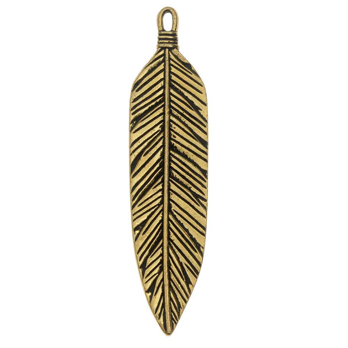 TierraCast Pewter Pendant, Native Feather 72mm, 1 Piece, Antiqued Gold Plated