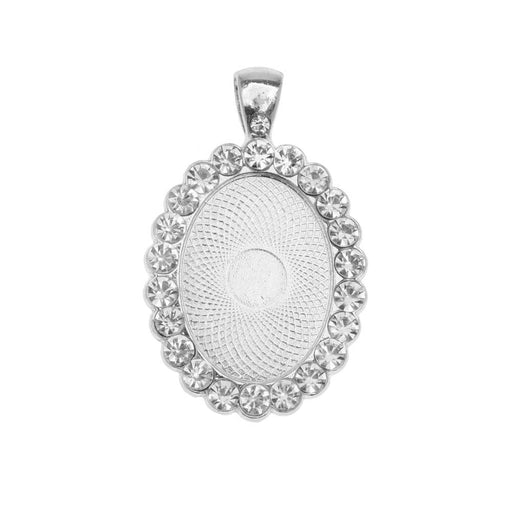 Bezel Pendant, Oval with Crystal Edge 25x18mm, Silver Tone (1 Piece)