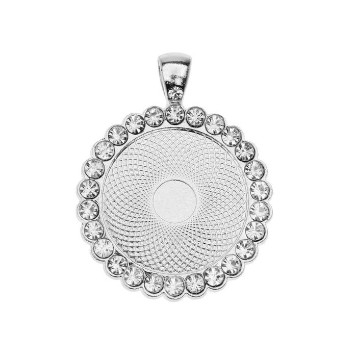 Bezel Pendant, Circle with Crystal Edge 25mm, Silver Tone (1 Piece)
