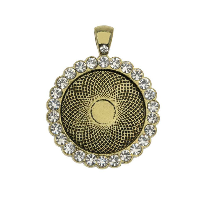 Bezel Pendant, Circle with Crystal Edge 25mm, Antiqued Brass Tone (1 Piece)