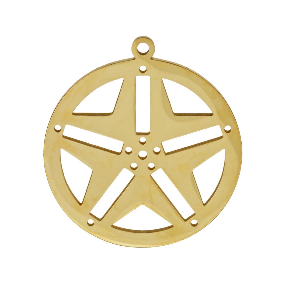 Centerline Beadable Pendant, Round with Star Cutouts and Holes 29mm, Gold Plated (1 Piece)