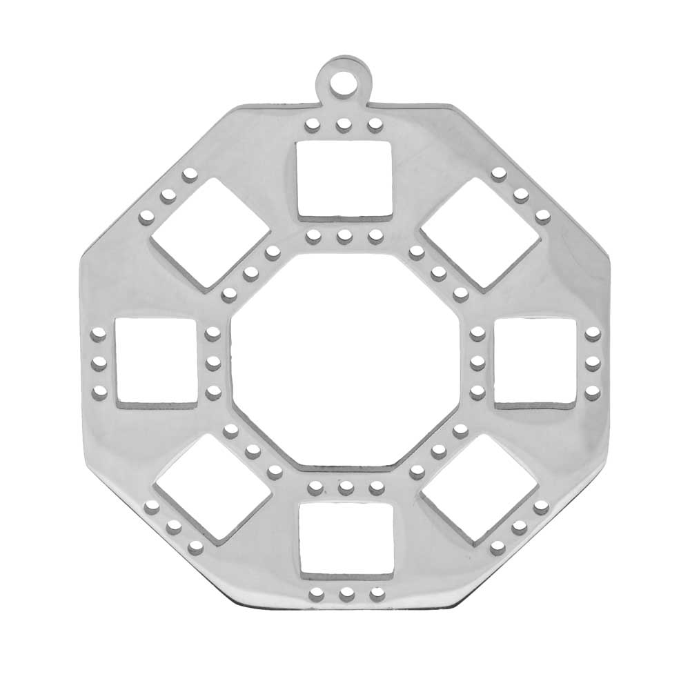 Centerline Beadable Pendant, Octagon with Cutouts and Holes 31.5mm, Rhodium Plated (1 Piece)