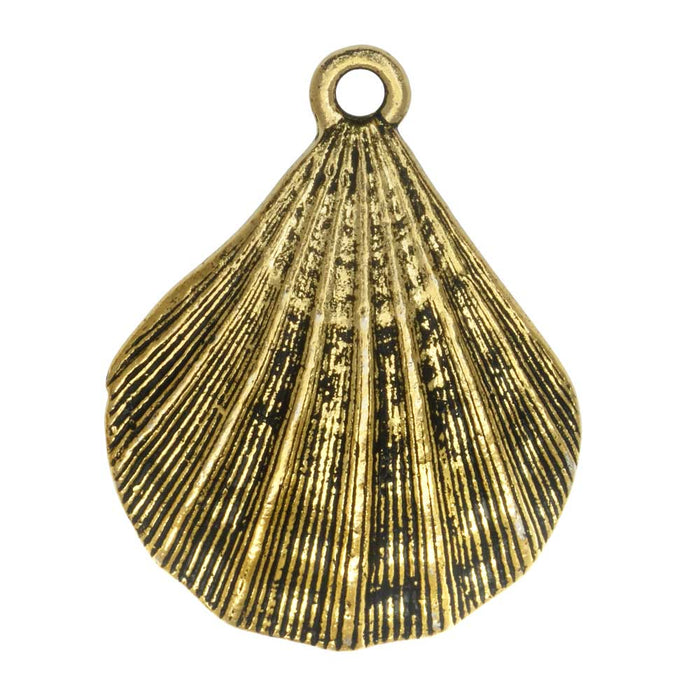 Pewter Pendant, Scallop Shell 30.5mm, Antiqued Gold Plated, By TierraCast (1 Piece)