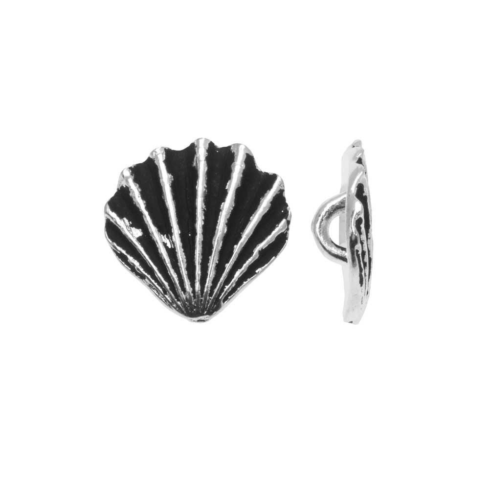Pewter Button, Scallop Shell 13mm, Antiqued Silver Plated, By TierraCast (2 Pieces)