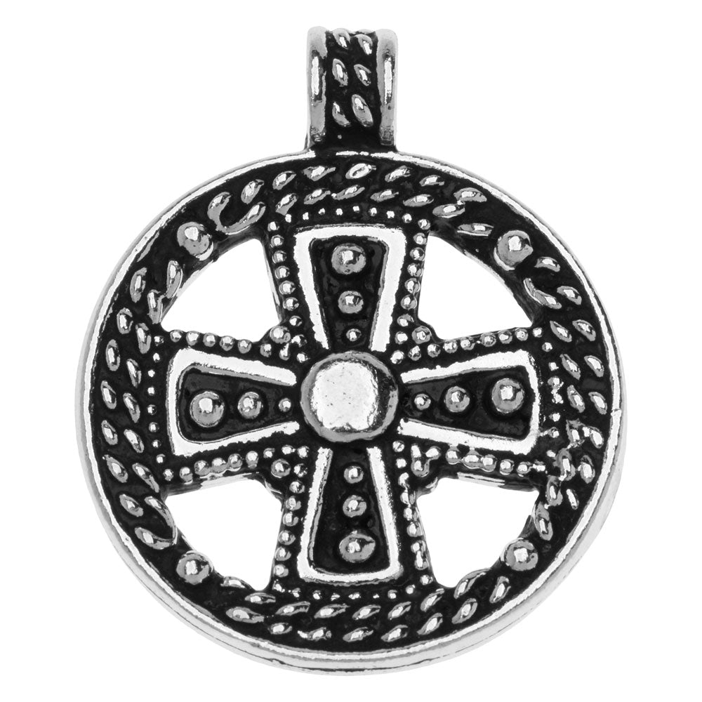 Metal Pendant, Round Opulence Cross 29.5mm, Antiqued Silver Plated, By TierraCast (1 Piece)