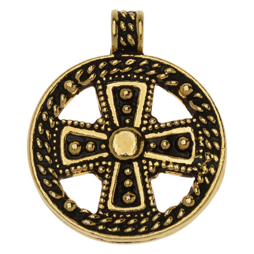 Metal Pendant, Round Opulence Cross 29.5mm, Antiqued Gold Plated, By TierraCast (1 Piece)